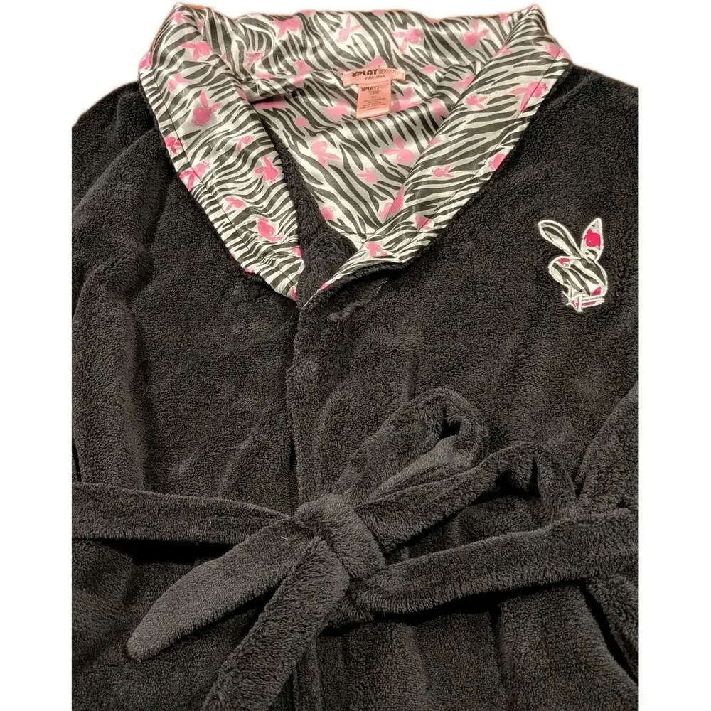 Playboy Intimates Robe Medium Black Plush Belted Bunny Logo Y2K Women